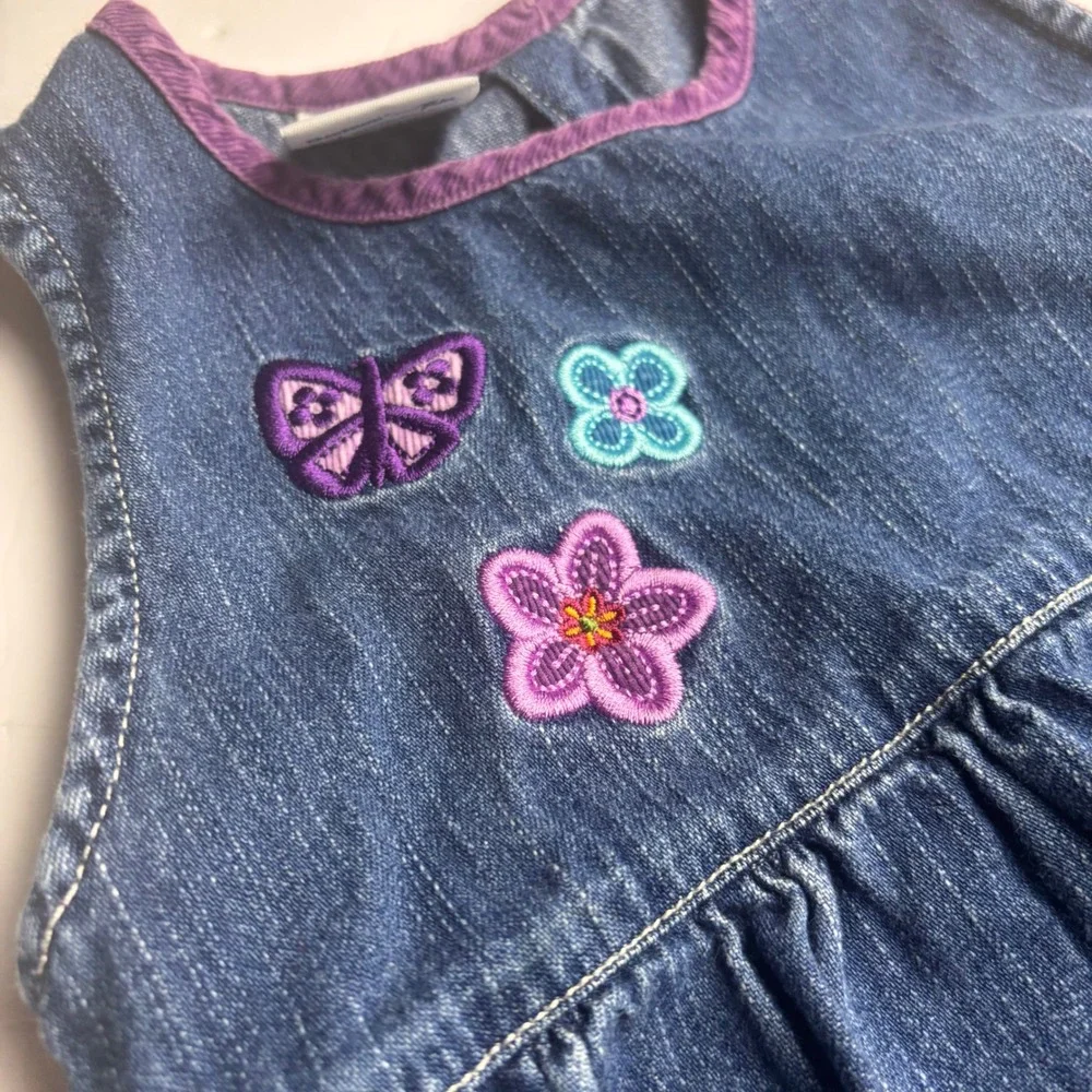 VINTAGE OshKosh Bgosh 3T‎ Denim Purple Corduroy Floral Embroidered Jumper Dress